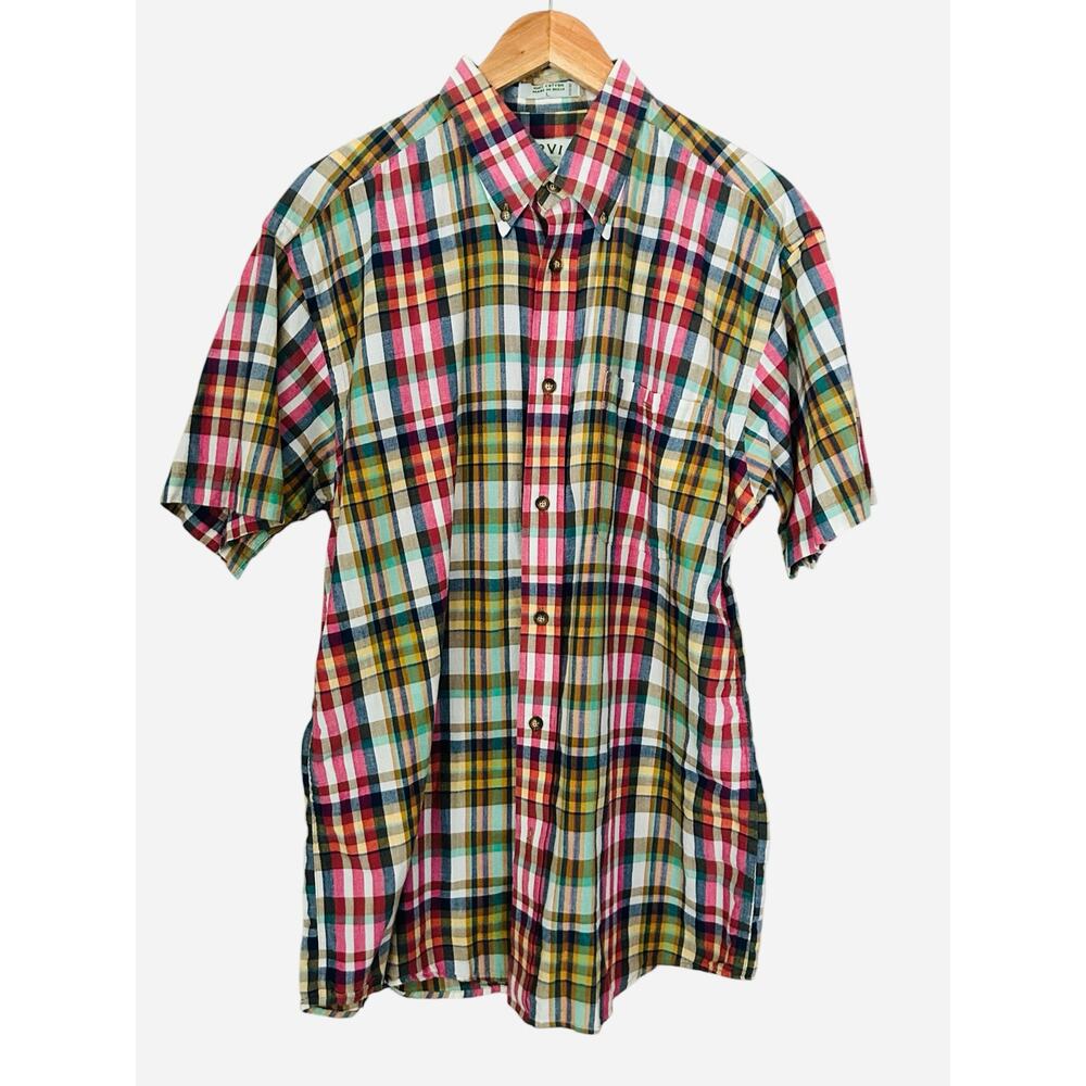 Orvis Mens Shirt‎ Large Multi Plaid Cotton Button Down Short Sleeve Casual